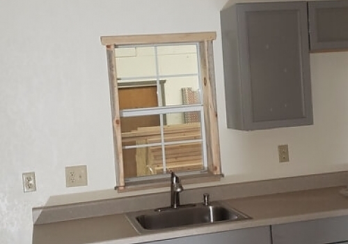 Kitchen countertop in tiny house.