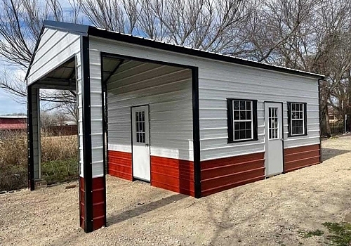Side view of red & white garage (combo unit) with brown trim