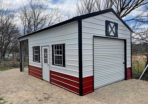 Red & white garage (combo unit) with brown trim
