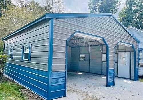 Front angle view of blue & gray two car garage
