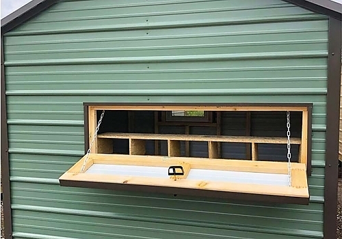 Green open door chicken coop in Red Bird, OK